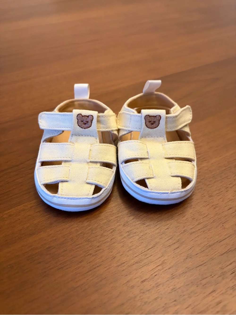Rising Star Cream Baby Sandals with Bear Patch